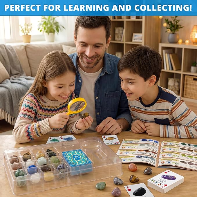 PIBEX Gemstone Collection - 16 PCS Polished Gems & Crystals (1-Inch / 2-3 cm), STEM Geology Kit with Guidebook, 54 ID Cards & Transparent Display Case, Rock Science Gift for Kids Ages 6+