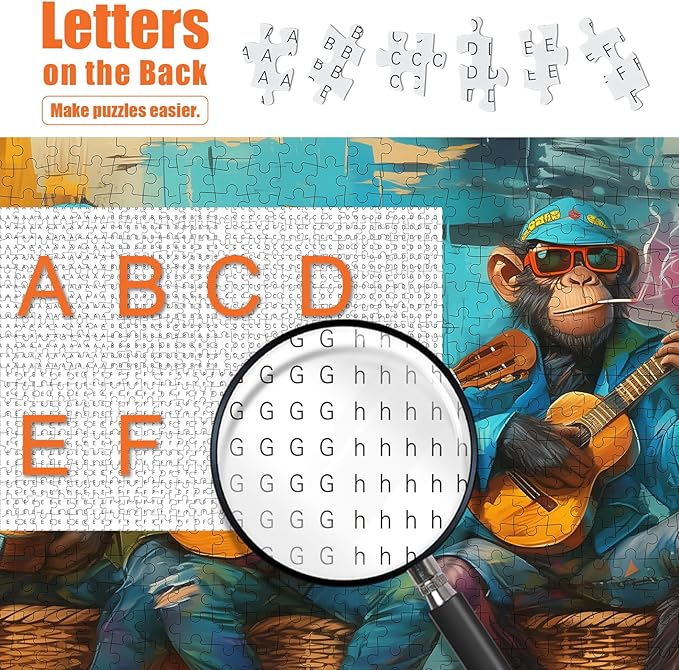 Guitar Monkey Puzzles for Adults 500 Pieces - Funny Gorilla Jigsaw Puzzle, Colorful Monkey Art Puzzle with Letters on Back, Challenging Hard Difficult Cartoon Animal Puzzles as Game Room Home Decor