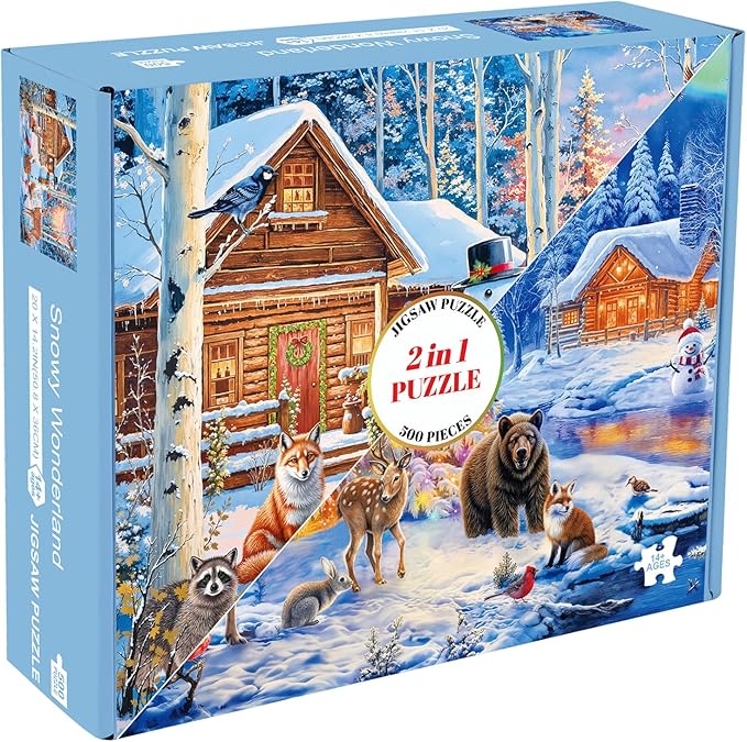 Sutinban 2 Pack Christmas 500 Piece Puzzles for Adults, Snowy Aurora Winter Jigsaw Puzzle for Adults Seniors, Happy New Year Gift Snowman Deer Challenging Colorful Puzzles Family Game Gift Decor