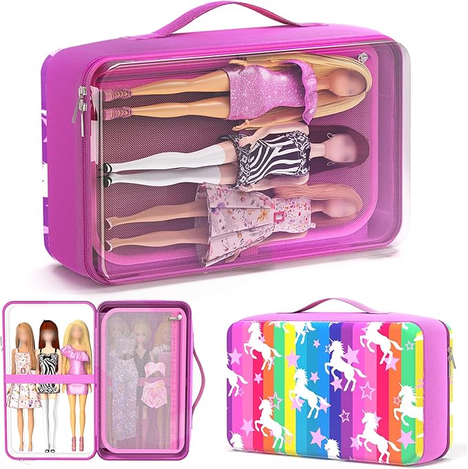 Carrying Case Compatible with Barbie Dolls 12-Inch,Case to Hold Dolls and Clothes, Much Pocket for Doll’s Clothes, Accessories, Fits 6 Dolls & Accessories,Bag Only (7-Transparency&Rainbow)