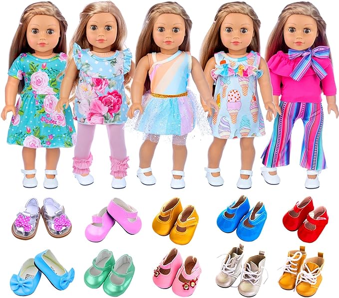 ZITA ELEMENT 11 Pcs American Doll Clothes Dress and Accessories for 18 inch Doll - 5 Sets Outfits + 2 Pairs Random Style Shoes