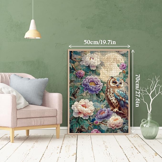 Vintage Owl Puzzles for Adults 1000 Pieces, Pretty Flower Bird Nature Plant Jigsaw Puzzles, Art Beautiful Animal Moon Floral Peony Puzzle