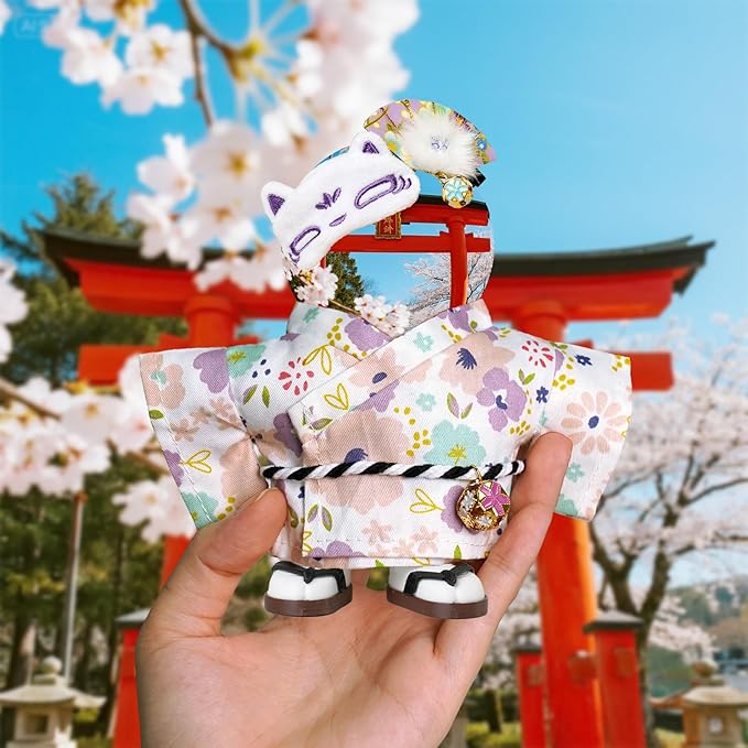 17cm Doll Clothes,Outfit Accessories Kimono Set for 6.7inch Dolls Girl, Kawaii Chic Style Flower Hairbow+Purple Clothing+Cute Mask+Shoes(NO Doll)