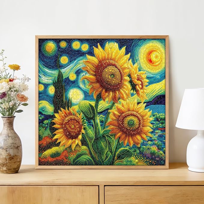 Starry Night Sunflowers 1000 Piece Puzzle for Adults - Van Gogh Inspired Pointillism Art, Vibrant Floral Scene, Poster & Lettered Back, 22.8" Square HD, Gift for Art & Nature Lovers