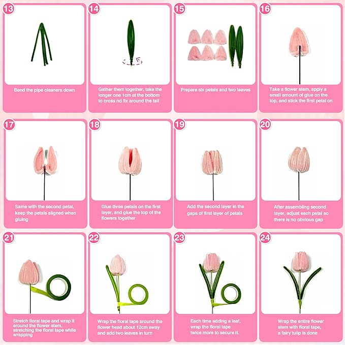LINAYE 500 PCS Pipe Cleaners Craft, 6 Colors Pipe Cleaners Flowers Kit, Chenille Stems for Crafts with Instruction Wrapping Paper, Flower Stamens, Stems Art and Craft Supplies Pink (12inch x 6mm)