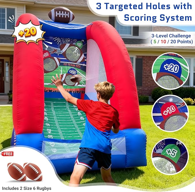 OZIS Inflatable Carnival Games with 2 Balls - Football Toss Throwing Target with Built-in Blower, Easy Setup for Indoor/Outdoor Commercial, Birthday Parties, and Lawn Interactive Game