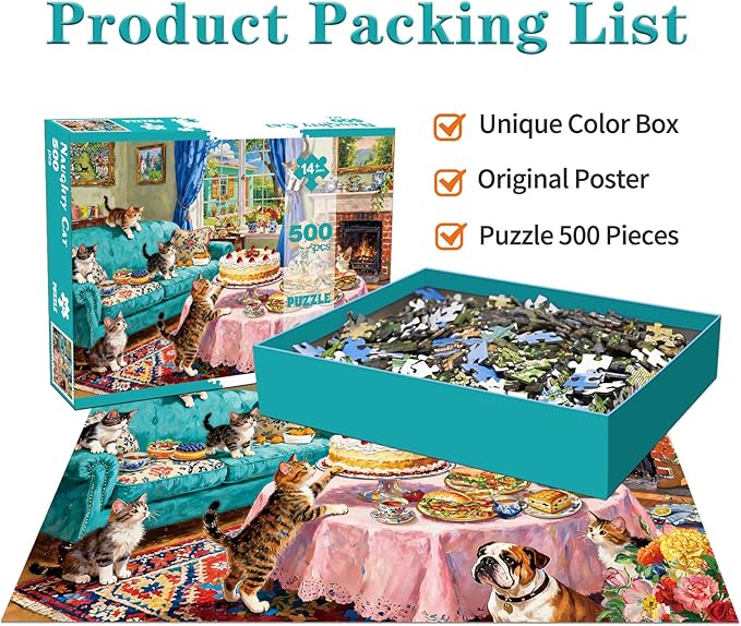 500 Piece Jigsaw Puzzle for Adults Whimsical Tea Party with Kittens Bulldog Cozy English Living Room Scene Challenging Paper Puzzle for Cat Lovers Game Nights Home Decor
