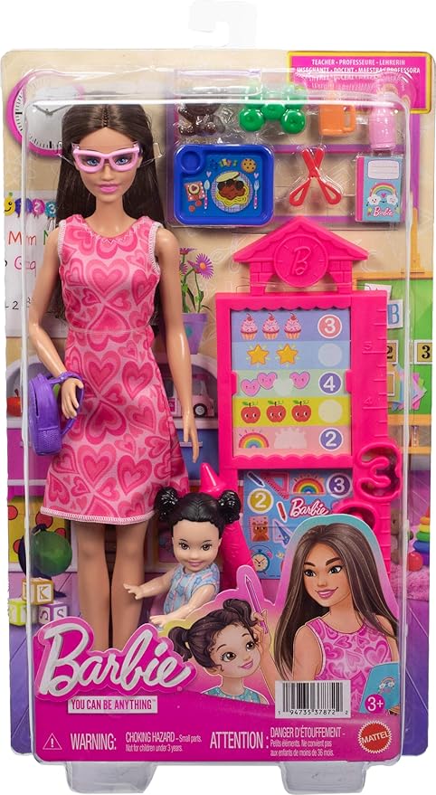 Barbie Careers Teacher Playset with Fashion Doll Wearing Removable Dress, Toddler Small Doll, Classroom Board & Accessories