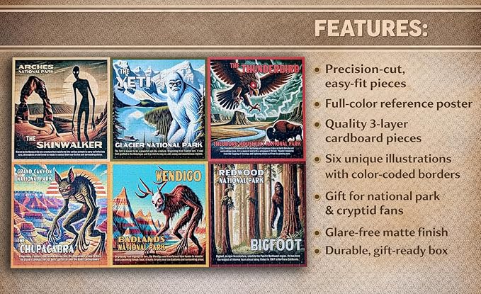 National Park Lore Cryptids Bigfoot Puzzle | 1000 Piece Puzzle | Vintage National Parks Puzzle for Adults | Blue Porcupine Puzzles