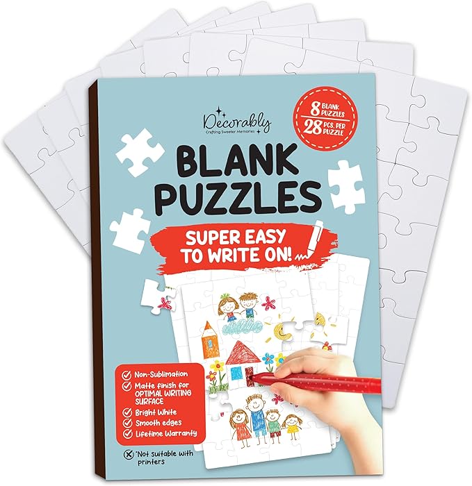 Decorably 8 Pack Blank Puzzles for Kids Set with Matte Finish, 28pcs Each 5.5x8in to Draw On for Boys & Girls Activities, Arts & Crafts, DIY Projects or Party Favors