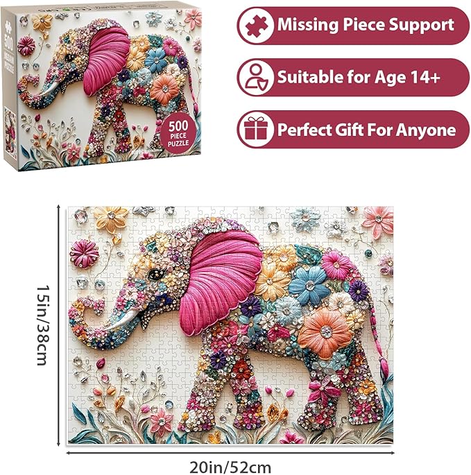 Puzzles 500 Pieces for Adults, Elephant Jigsaw Puzzle 500 Pieces for Adults Seniors, Colorful Crystal Flower Puzzles Beautiful Diamond Art Puzzle Challenging, Family Game Great Gift 20.5 * 15in
