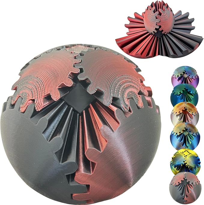 Gear Ball 3D Printed Spin Ball Cube Fidget Toys, Gear Sphere Fidget Toy, GearSphere Desk Toy Stress Fidget Balls, Fidgets Spinners for Adults & Kids Anxiety Relaxing (Laser Dark Red, 3.1 Inch)