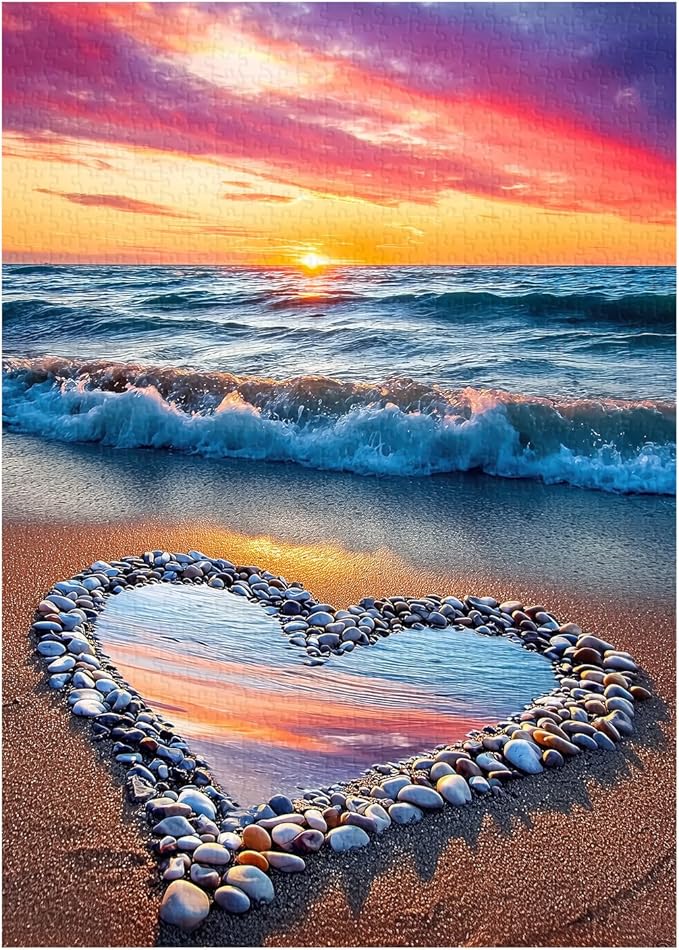 Beach Puzzles for Adults 1000 Pieces, Ocean Sunset Heart Jigsaw Puzzle, Colorful Marine Love Puzzle