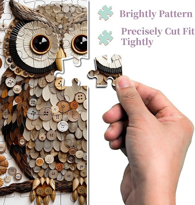 Button Owl Puzzles for Adults 1000 Pieces, Nature Forest Bird Jigsaw Puzzles, Vintage Animal Art Puzzle as Owl Decor
