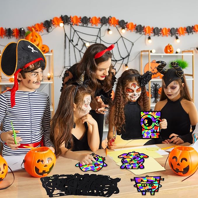 32 Sets Halloween Monster Suncatchers Craft Kit DIY Window Stained Glass Effect Halloween Monster Paper Crafts Home School Classroom Decoration Kid Birthday Gift Creative Art Project Activity Game