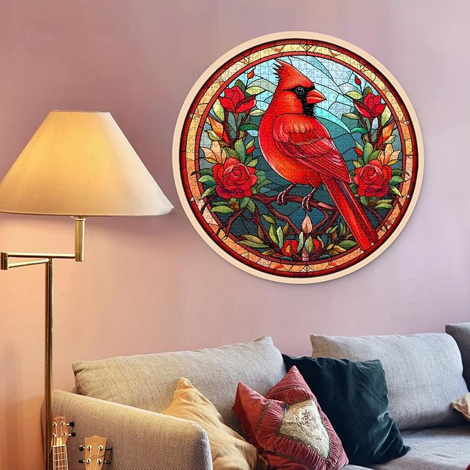Stained Glass Puzzle Bird Puzzles for Adults 1000 Pieces, Round Cardinal Bird Flower Puzzle, Impossible Hard Challenging Puzzles for Adults, Colorful Stained Glass Jigsaw Puzzle as Wall Art Decor