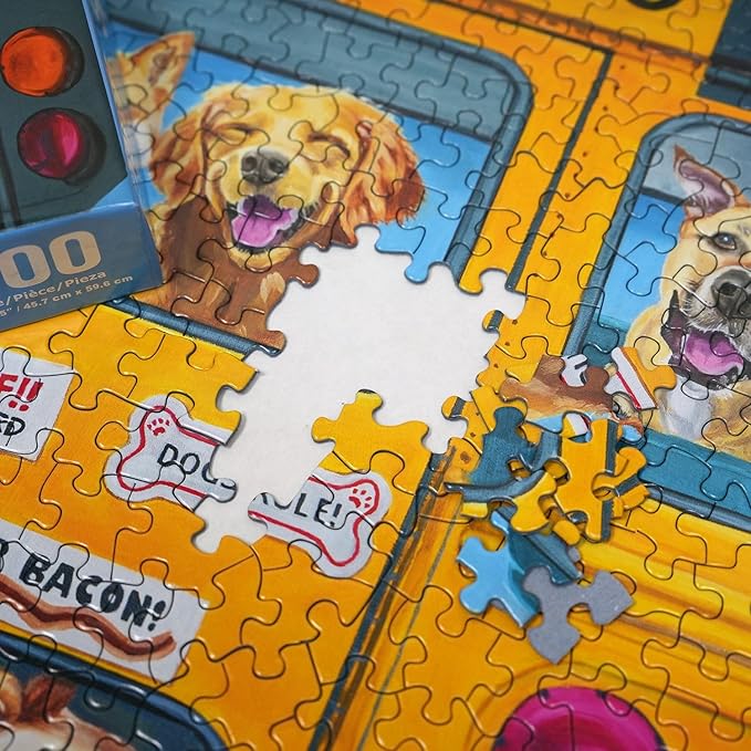 Springbok Happy Bus 500 Piece Jigsaw Puzzle for Adults and Kids - Dog Lovers Will Enjoy This Illustration by Artist Carol Luz of Lots of Happy Dogs on The schoolbus.