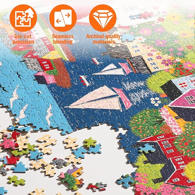Jigsaw Puzzles for Adults 1000 Pieces, Peaceful Art Colorful Square Challenging Game for Family Activity Home Decor, 22.5x22.5 Inches, Seaside Town