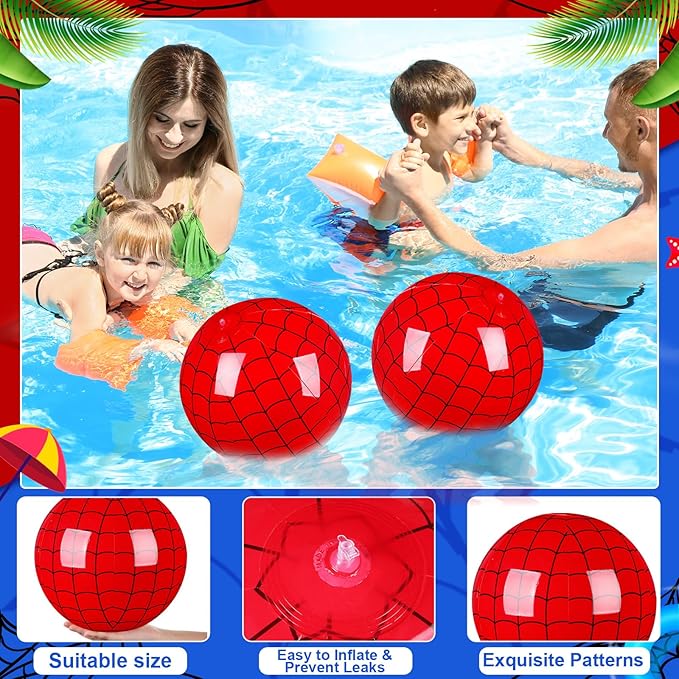 2 Pack 11.81" Spider Web Themed Beach Ball for Kid Inflatable Beach Ball Bulk for Summer Pool Game Spider Red Decoration for Birthday Party End of The Year Class Party Supplies Gift