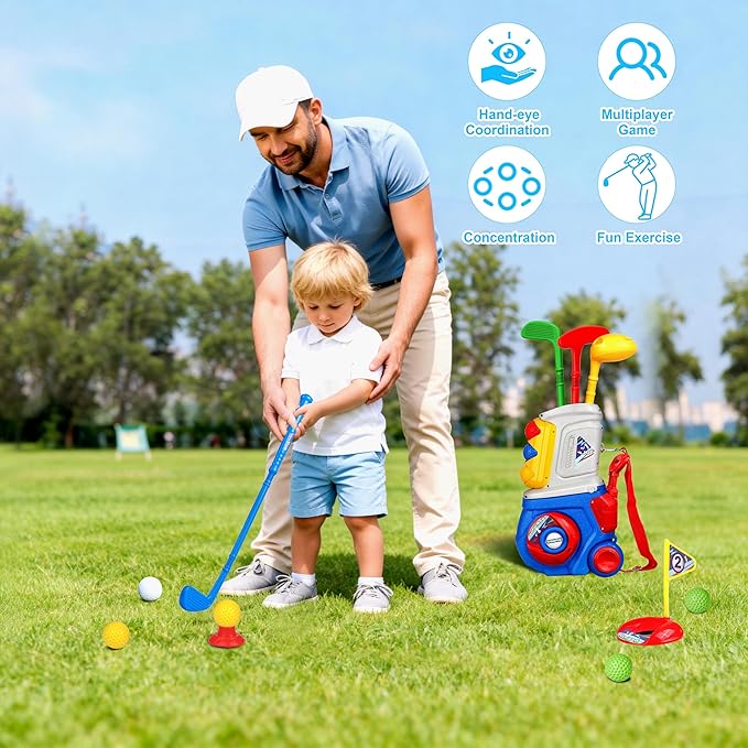 Toddler Golf Set, Kids Golf Set for Ages 1 2 3 4 5 Years Old Boys Girls with 4 Plastic Golf Clubs 10 Balls, Indoor Outdoor Baby Toddler Golf Clubs Set Toy with Cart Birthday Gifts Blue