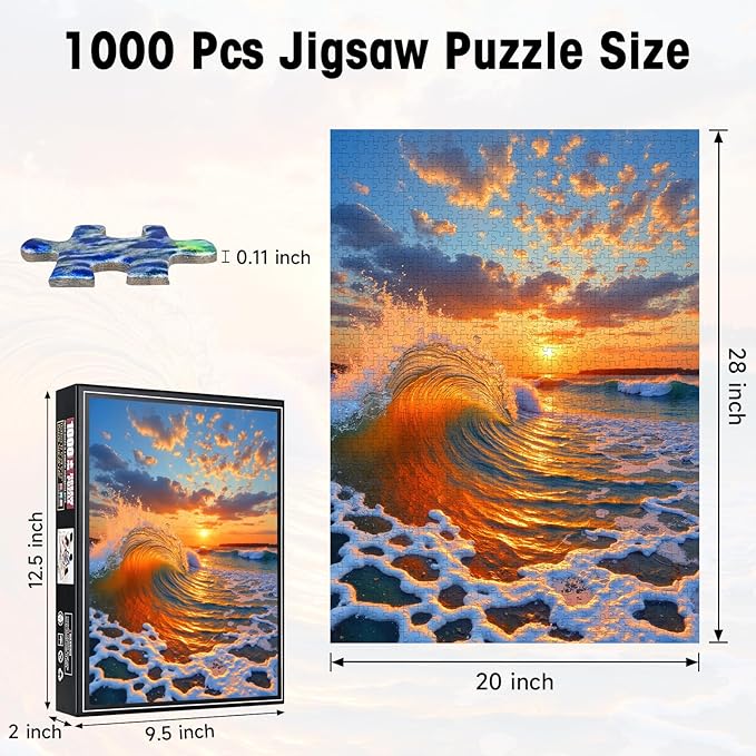 1000 Pieces Jigsaw Puzzles for Adults, Sunset Wave Beach Ocean Puzzle with Letters on Back, 20×28 Inch Hard Difficult Challenging Adult Puzzle for Gift & Home Decor