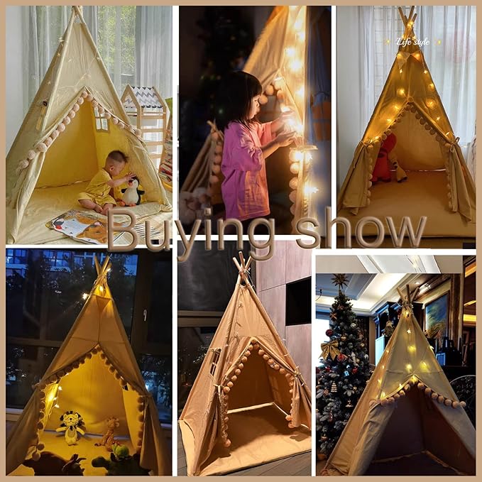 Teepee for Kids Tent Indoor with Floor Mat,Carry Bag,Banner,Play Cottage with Star Light, Cotton Canvas Kids Teepee Tent for Girls & Boys, Pompom Ball Design, Foldable Teepee Tent