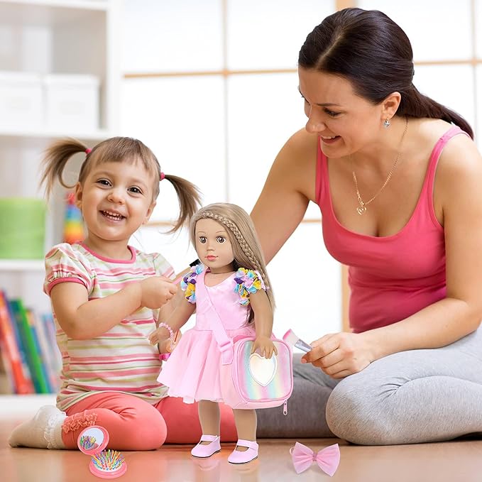 BDDOLL American 18 Inch Doll Clothes and Accessories Makeup Playset Including Fashion Skirt, Bag, Eye Shadow Plate, Lipstick, Comb Mirror, Pair of Hairpins, Makeup Brushes, Bracelet（NO Dolls）