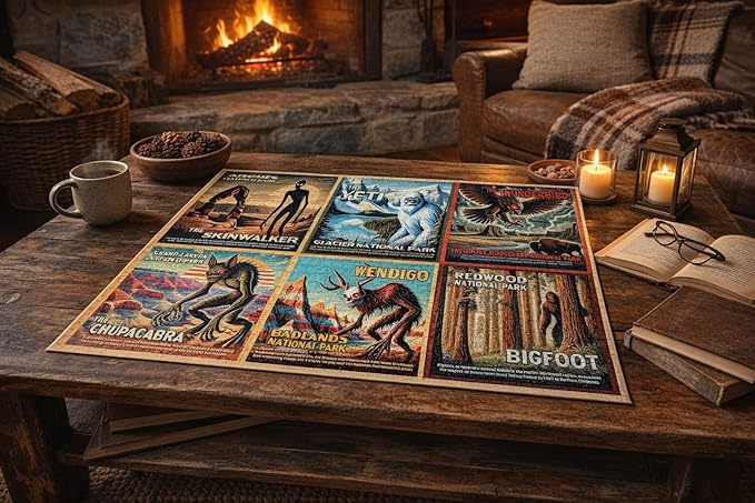 National Park Lore Cryptids Bigfoot Puzzle | 1000 Piece Puzzle | Vintage National Parks Puzzle for Adults | Blue Porcupine Puzzles