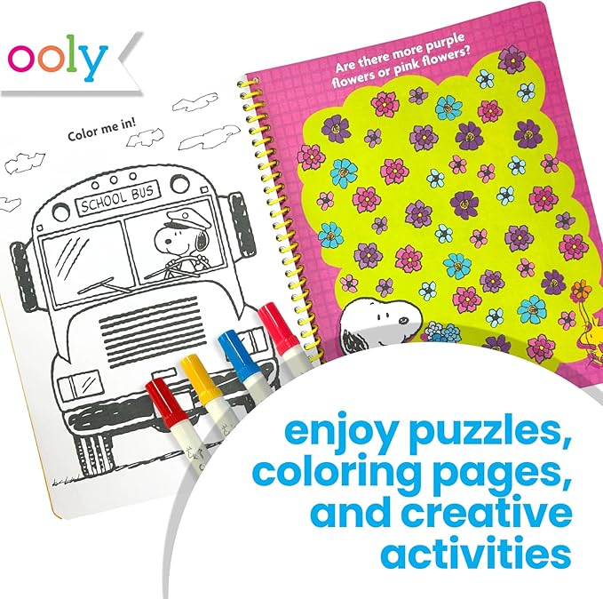 Ooly x Peanuts Snoopy School Coloring Travel Kit, 60-Page Activity Book with Coloring Sheets, 4 Double-Ended Markers - 8 Colors, 2 Sticker Sheets, Puzzles & Games, Snoopy & Charlie Brown Art Set