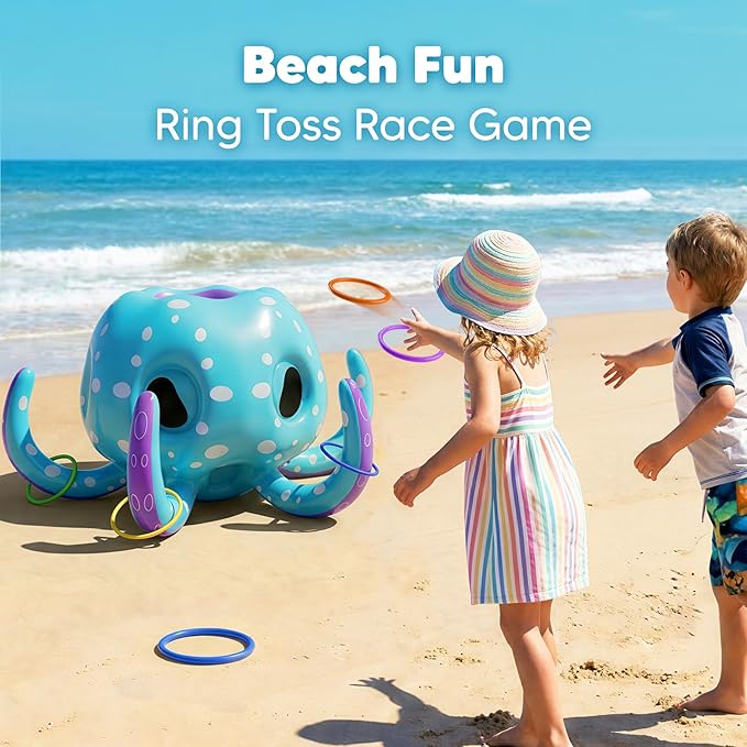 Funscape Octopus Pool Toys, 2-in-1 Inflatable Floating Pool Game, Basketball Hoop & Ring Toss Water Game, Outdoor Summer Beach Backyard Play, Cool Family Party Gift 3 4 5 6 7 8 Year Old Boy Girl Child