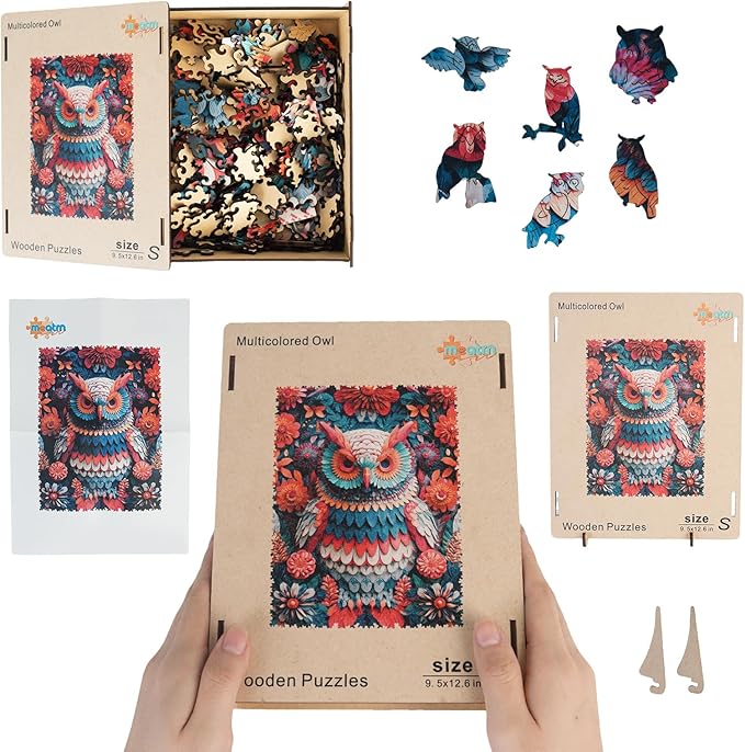 MEATRN Multicolored Owl Wooden Puzzles for Adults - 200 Pieces Natural Wood Jigsaw Puzzle, Laser-Cut Precision, Forest Wildlife Animal Theme, Relaxing Family Game & Creative Gift, 9.5x12.6in
