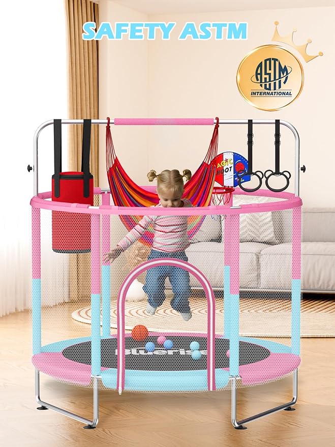 BLUERISE 55IN 6FT Toddler Trampoline for Kids Indoor Outdoor Play for Kids Trampoline Basketball Hoop Attachment with Enclosure Net Easy to Assemble
