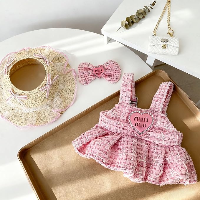 Doll Clothing Set (No Doll), Cute Cropped Straw Hat, Crossbody Bag, Dress, Suitable for 15-17cm Dolls, Outfit Accessory Set for Unique Styling (Pink-MIU)