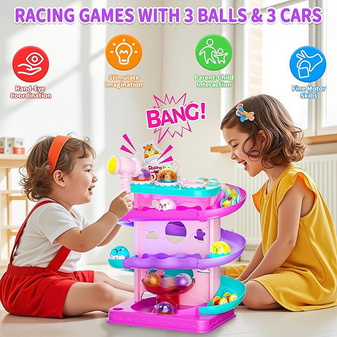 Funwee 2-in-1 Rolling Ball & Racing Car Ramp Toy for Toddlers, Race Track Hammer Lights Ball Drop, Interactive Montessori Learning Game Birthday Gift Idea for Kids 1 2 3 4 5+Year Old Girl Boy(Pink)