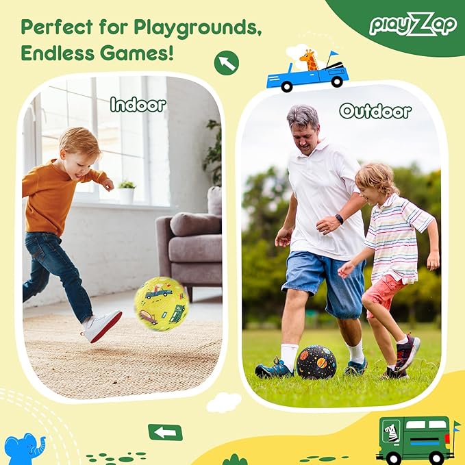 PlayZap 2 Pack Playground Balls for Kids, Planet & Vehicle Cars Kickballs for Toddlers 3-8, 8.5 in Rubber Balls with Pump, Indoor & Outdoor Dodgeball Toys for Boys & Girls Gifts
