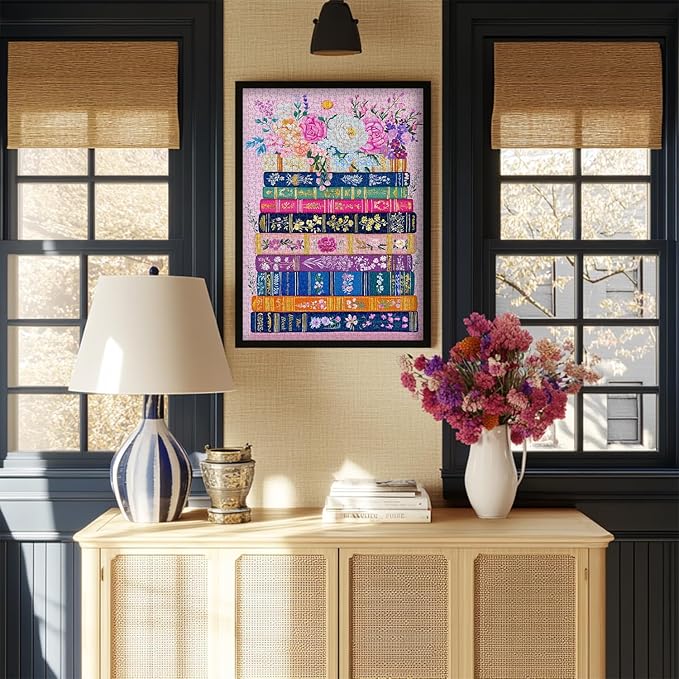 Colorful Flower Book Puzzles for Adults 1000 Piece, PICKFORU Wildflower Pages Jigsaw Puzzles Library, Impossible Spring Floral Art Theme for Book Lovers