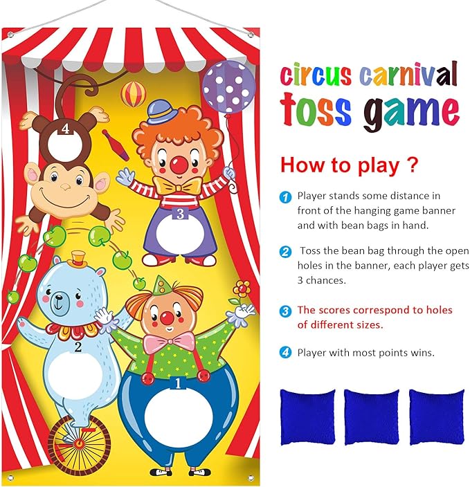 Blulu Carnival Toss Games Banner with 3 Bean Bags Halloween Carnival Game for Kids and Adults Circus Theme Party Decorations for Birthday Family Fun Throwing Indoor Outdoor