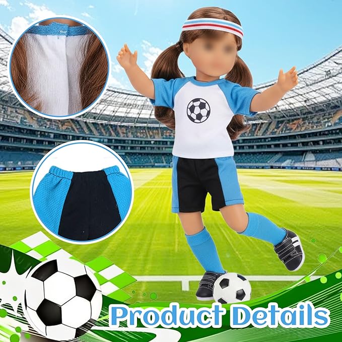 18 inch Doll Clothes, Soccer Uniform Doll Outfit & Accessories Set, Includes Shirt Shorts Socks Headband Shoes Football Key Ring, Sport Doll Clothes Fits 18" Dolls