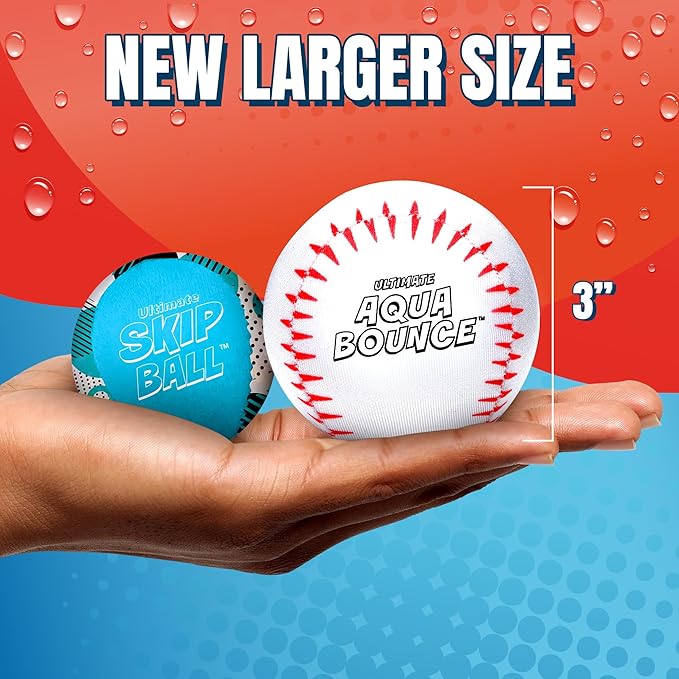 Activ Life Ultimate 2 Pack Larger 3” Water Skip Balls - Bouncing Balls for Swimming Pool & Beach Fun - Designs Include Baseball, Basketball, Volleyball, and Tennis for Kids, Friends, and Family