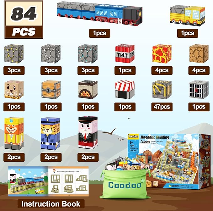 Coodoo Magnetic Blocks - Build Mine Magnet World Mine Train Track Set, Magnetic Building Blocks Toddler Toys STEM Sensory Outdoor Toys for 3+ Year Old Boys & Girls, Kids Toy for Ages 4-6 6-8 5-7