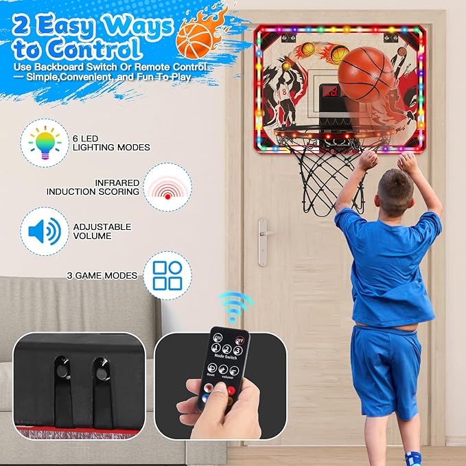 Indoor Basketball Hoop for Kids & Adults, Over The Door Mini Basketball Hoop with Remote Control Scoreboard, 6 LED Light Modes, Foldable Rim Sports Toys for Ages 8-13 Teen Boys Birthday Gifts
