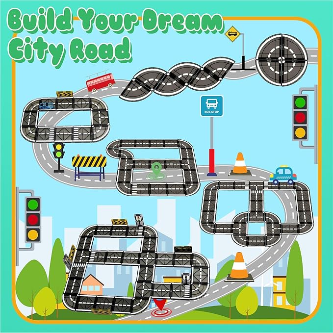 Magnetic Tiles Road Set with Pullback Car, Magnetic Blocks for Kids Ages 4-8, Magnet Tiles for Preschool STEM Building Toy, Autism Learning Sensory Montessori Toys Gift for Toddler Boys and Girls