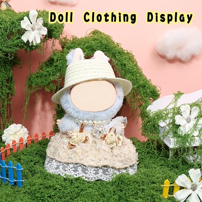 Clothes for labubu Skirt Set for Doll 3 Piece Set with Dress Outfit Hat Necklace Chic Dress for Dolls Accessories (NO Doll)(Cream Tweed)
