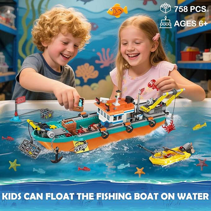 City Fishing Boat Wharf Building Set - Floatable Sea Fishing Ship Building Block Kit with Speedboat Crane Containers Exploration Boats Toy Birthday Gift for Kids Boys Girls 6 7 8 9 10+, 762PCS