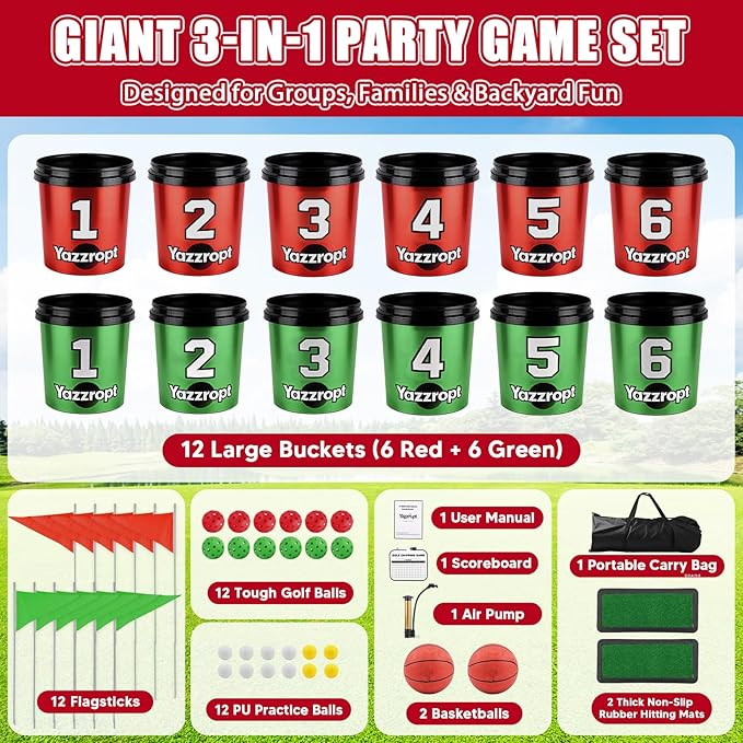 Giant 3-in-1 Outdoor Backyard Party Game Set – Bucket Golf, Yard Pong Basketball & Toss Games – Large Outdoor/Indoor Lawn Games for Adults & Families, Beach & Camping