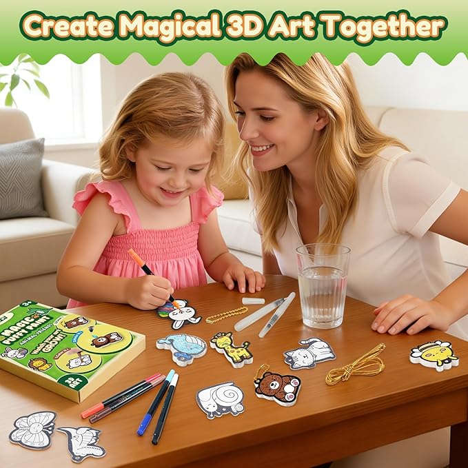 ZOOI Gifts for Kids Magic Puffs Animals, Crafts for Kids Ages 4-8, 3D Art Kit DIY Color Inflate Activity, 19 Mess-Free Paint by Number Craft for Kids, Travel Creative Gift for Girls Boys Ages 3-12