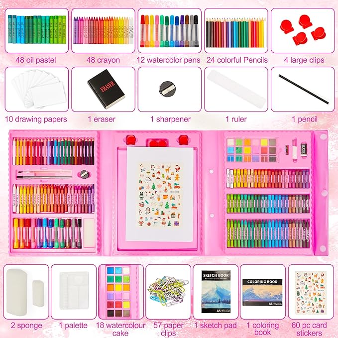 KINSPORY Art Supplies, 290 Pack Art Sets Crafts Drawing Coloring kit, Double-Side Trifold Easel, Oil Pastels, Crayons, Colored Pencils, Creative Gift for Beginners Artists Girls Boys Kids (Pink)