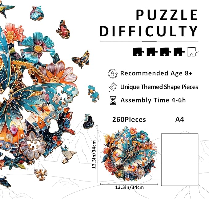 Wooden Jigsaw Puzzles for Adults - Mechanical Butterfly Wood Puzzles Adults - Unique Animal Shape Wooden Puzzles for Adults - Birthday Gifts for Puzzle Lovers, Family (13.3 * 13.3in-300 Pieces)