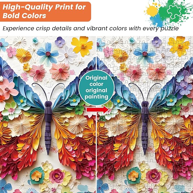 500 Piece Puzzle for Adult,Colorful Butterfly Flower Puzzle for Adults Seniors,Vivid Butterfly Paper Art Unique Fun Jigsaw Puzzle,Challenging Family Game Gift for Friends Men Women Seniors, 20.5*15In
