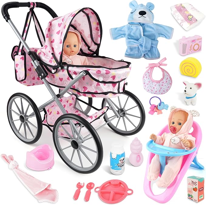 SMILESSKIDDO Baby Doll Stroller Toy Set - 12 Inch Soft Body Dolls with Accessories Dining Chair, Doll Clothes, Feeding Set for Realistic Pretent Play, Babydoll Care Gift for Toddler Girls 2+ Year Old
